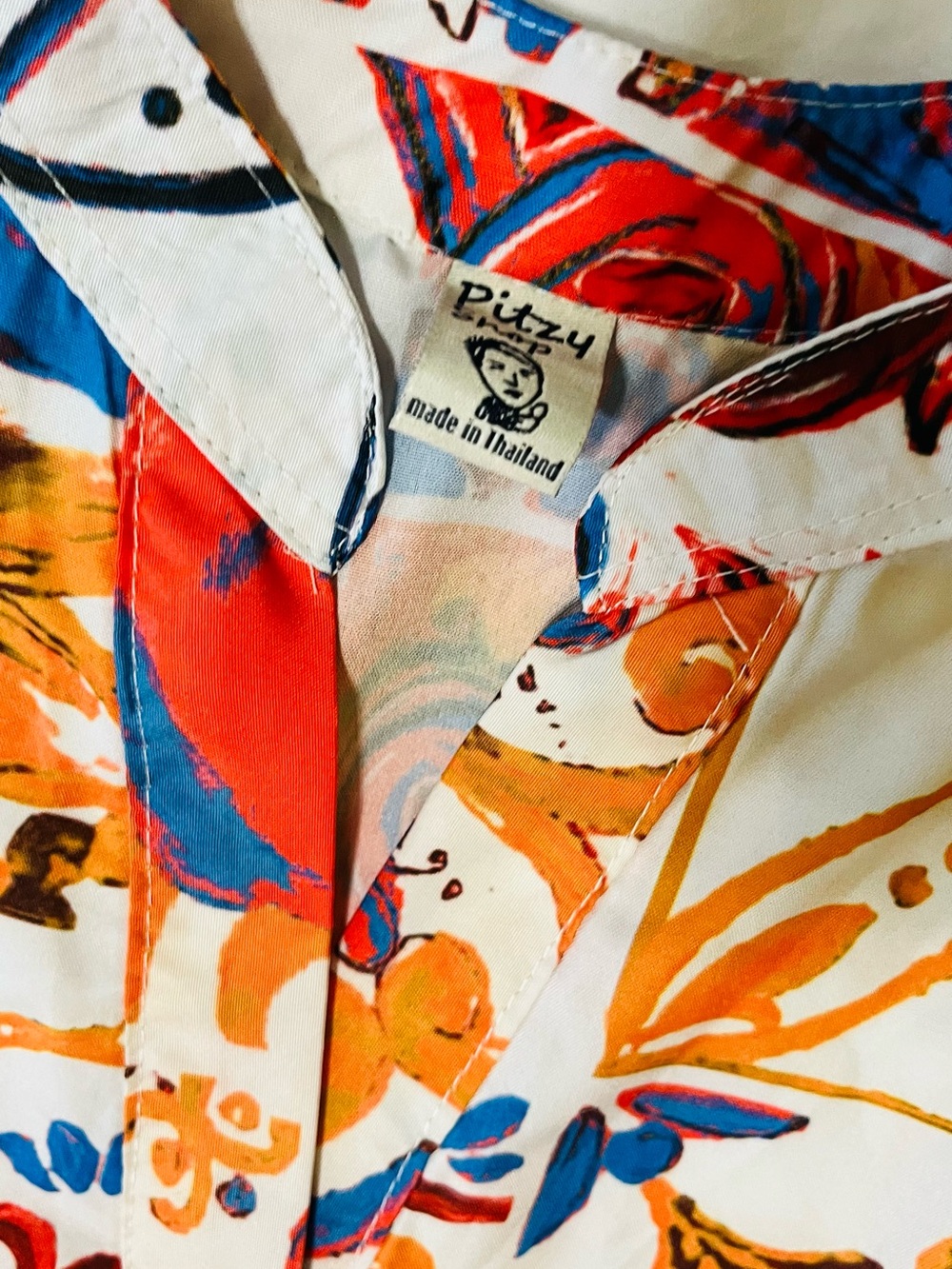 Women’s Printed Tile-Pattern Shirt Dress in White, Blue & Orange - Picture 3 of 3